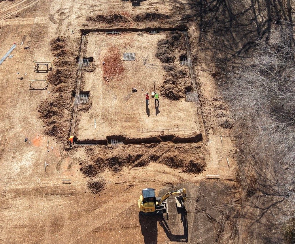 Aerial view of footings and building-pad excavation in Southwest Missouri